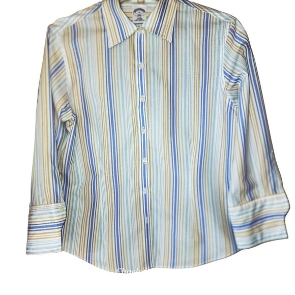 Brooks Brothers Blue Multi Stripe Classic‎ Academia Fitted No-Iron Shirt Sz 12 - Picture 2 of 7